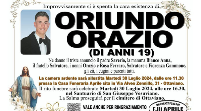 Orazio morto a Ottaviano, domani l’ultimo saluto a San Giuseppe Vesuviano