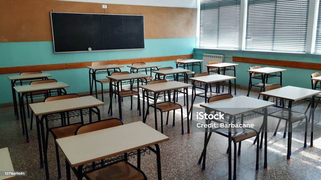 Italy - September 2020: School desks Covid-19 period spacing of one meter